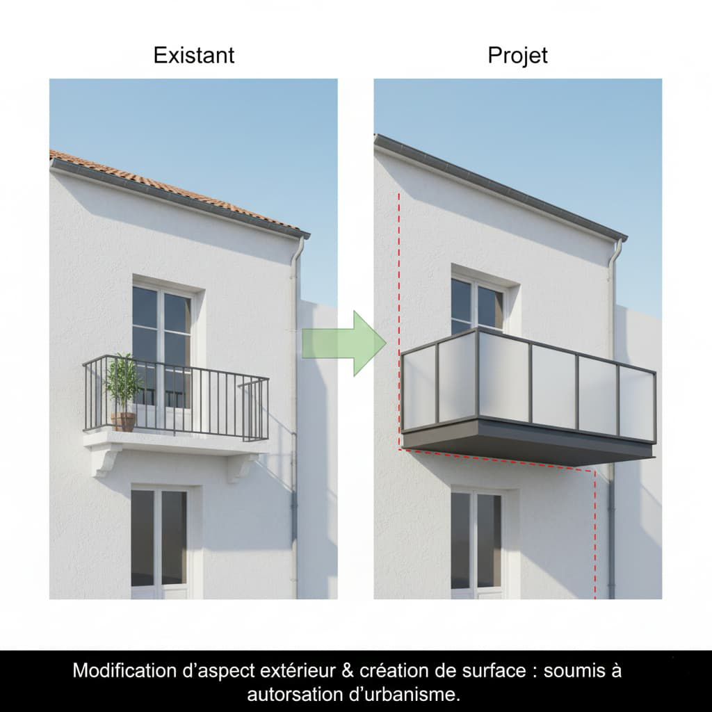 3D agrandissement balcon extension façade autorisation urbanisme