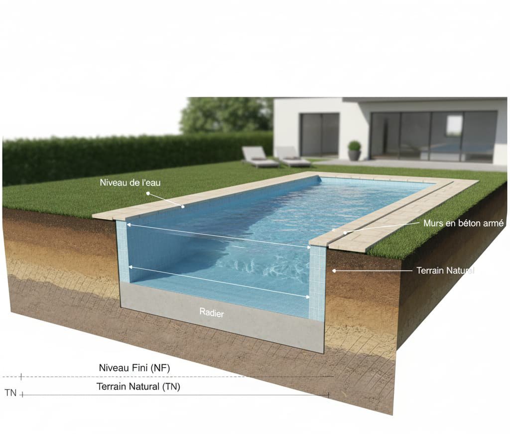 3D visualisation plan de coupe piscine coupe transversale profondeur