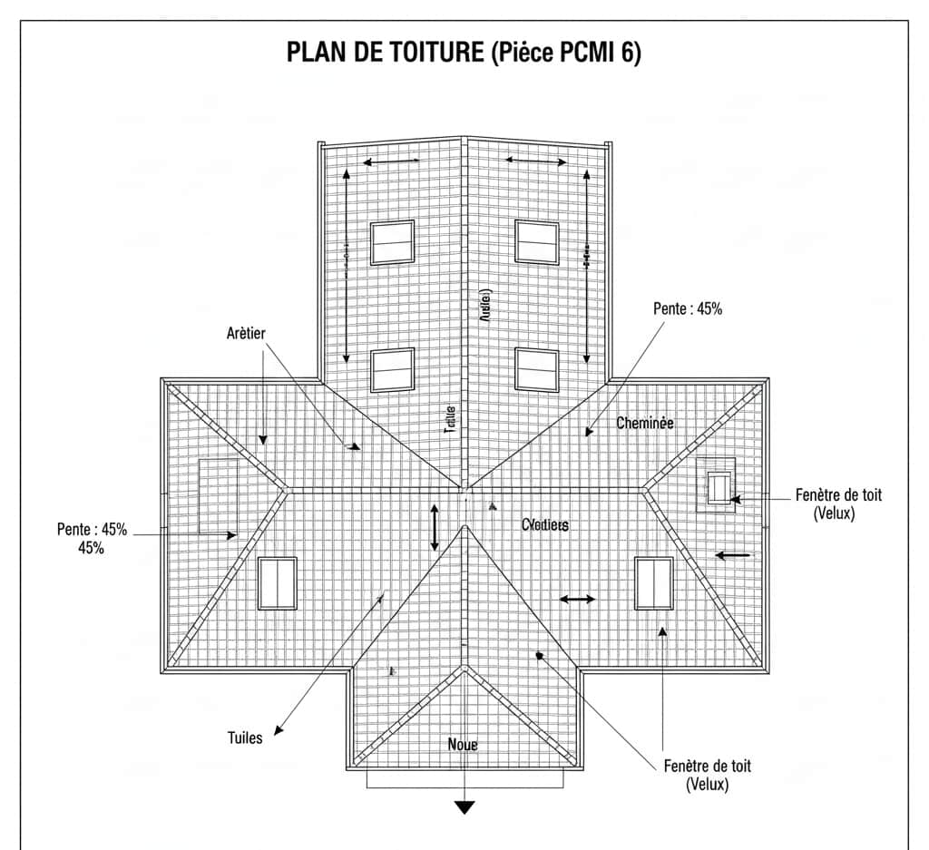 plan 2D toiture détaillé pentes matériaux noues arêtiers PCMI5