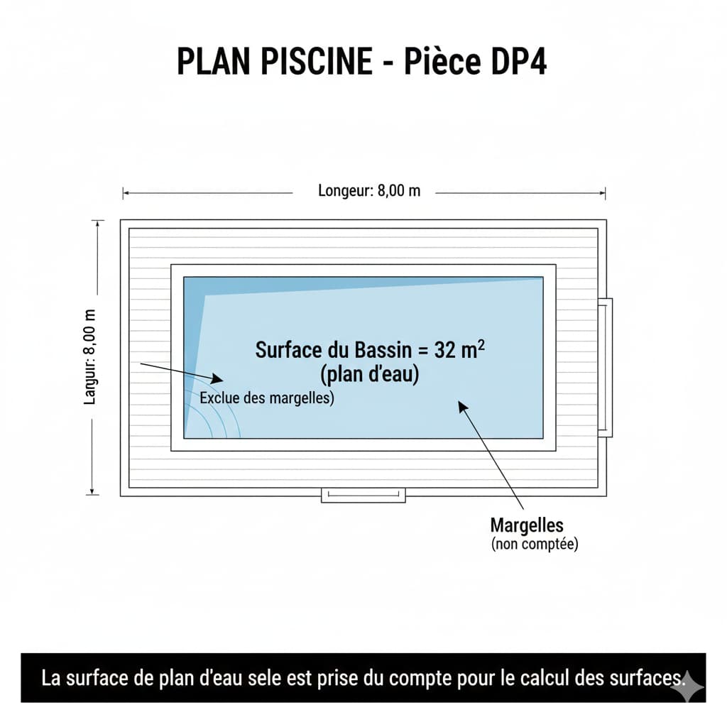 plan 2D calcul surface piscine bassin plan d'eau exclusion margelles