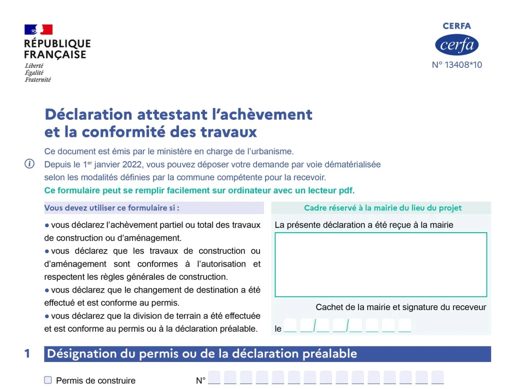 déclaration attestant l'achèvement et la conformité des travaux