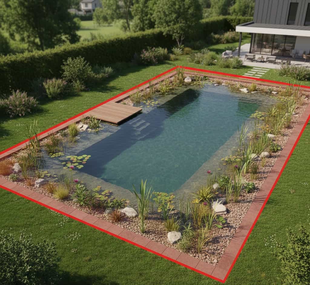 3D bassin naturel piscine biologique zone de filtration par les plantes emprise au sol