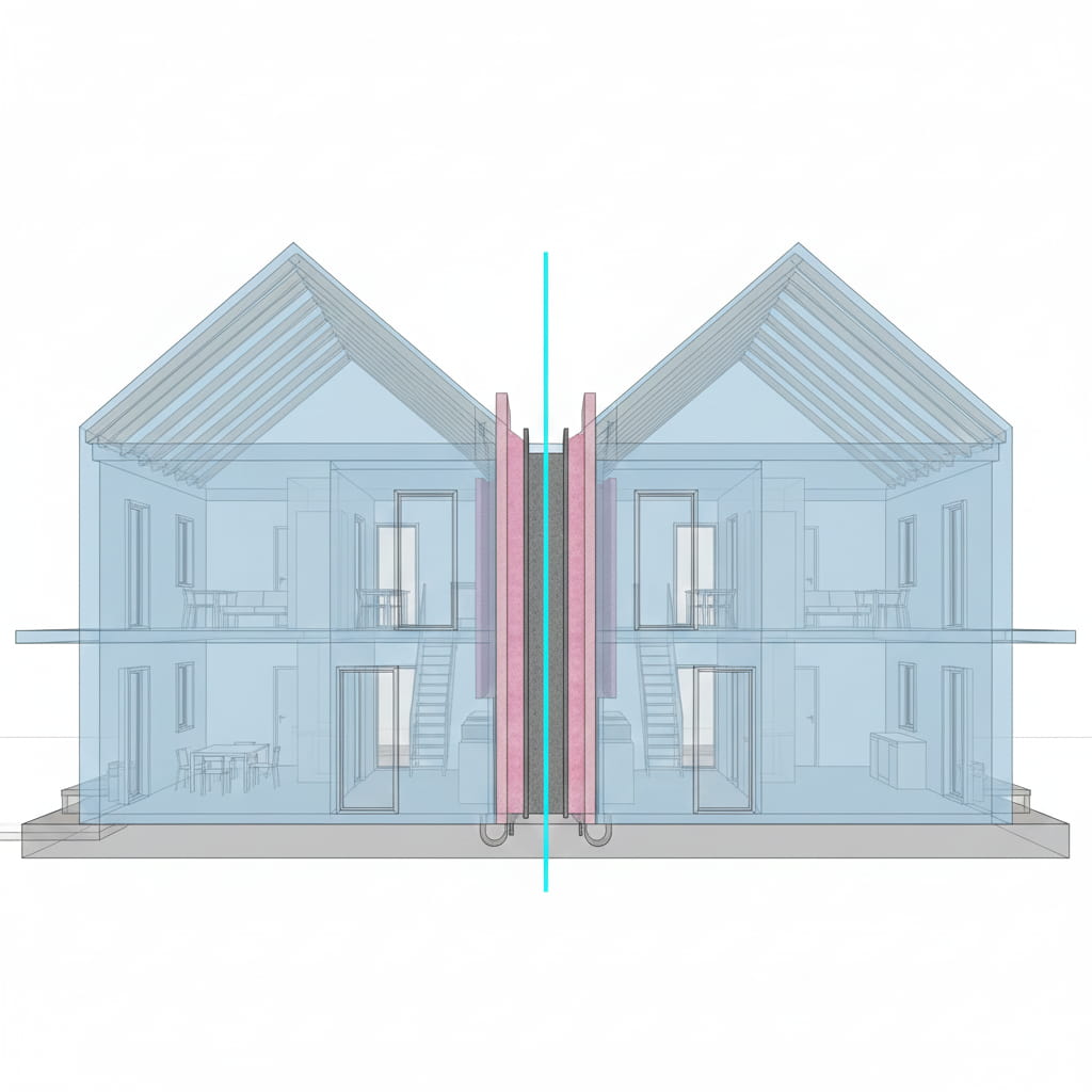 3D illustration maison jumelée mur mitoyen isolation acoustique et feu