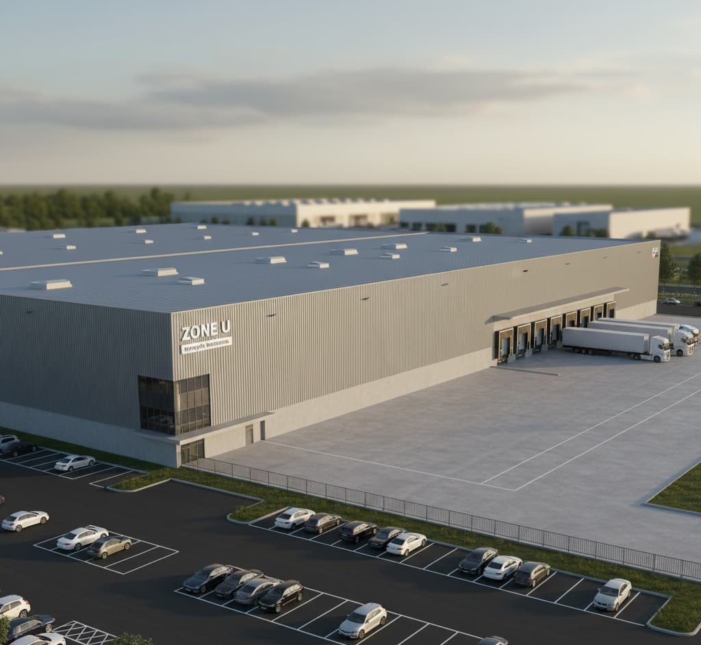 3D hangar industriel charpente métallique implantation zone commerciale