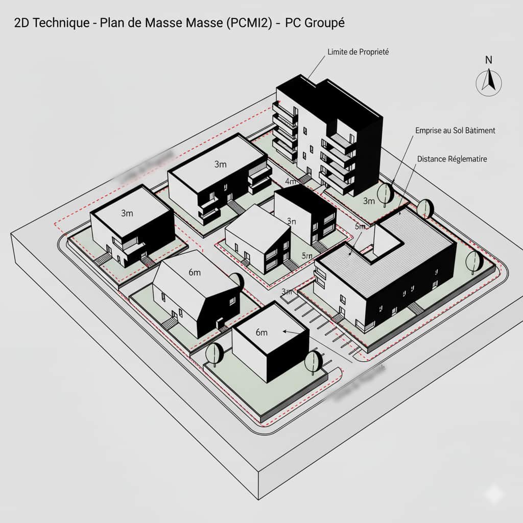 plan de masse 2D permis de construire groupé implantation multiple règles de prospect et stationnement