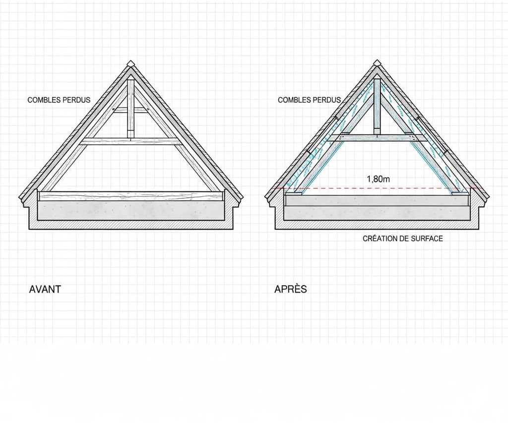 plan de coupe 2D aménagement combles création plancher et hauteur 1m80