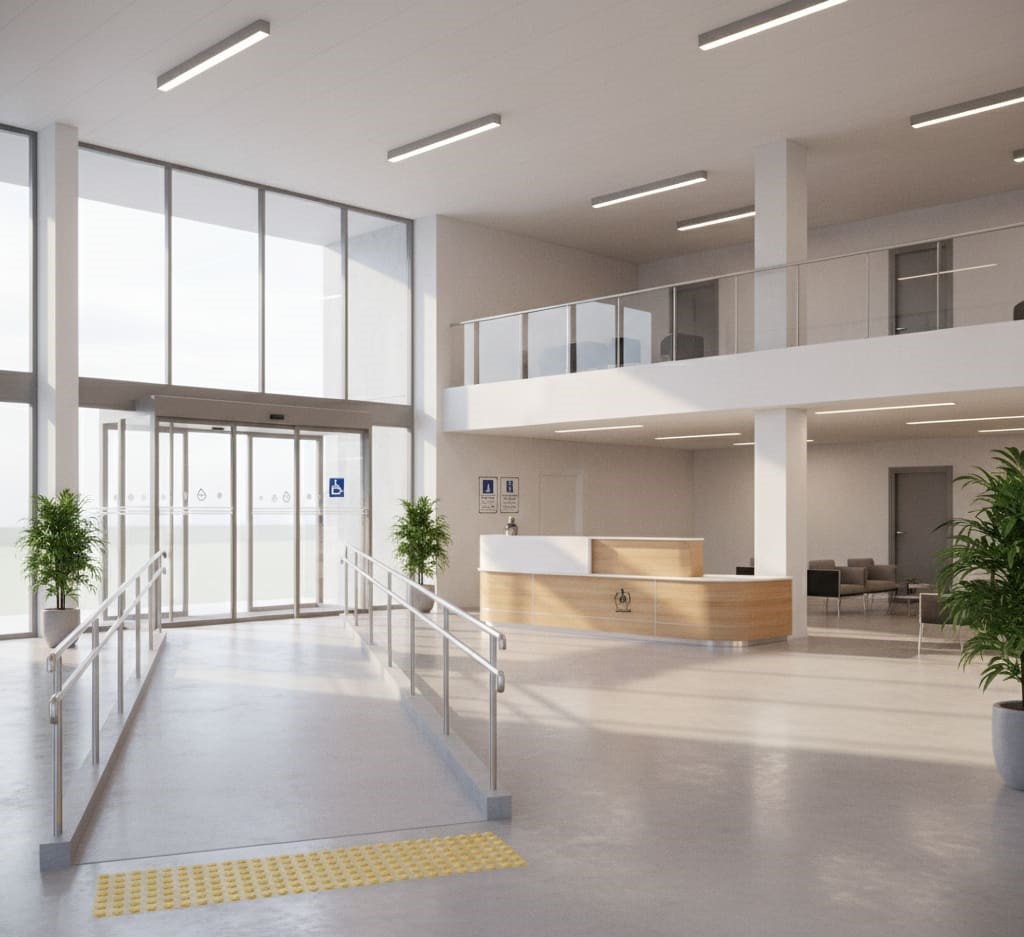 rendu 3D entrée ERP conforme aux normes d'accessibilité PMR rampe porte automatique comptoir accueil