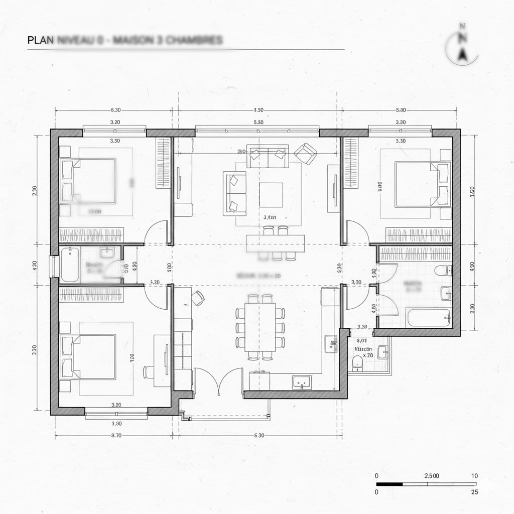 plan de maison 2D détaillé 3 chambres agencement fonctionnel et dimensions précises