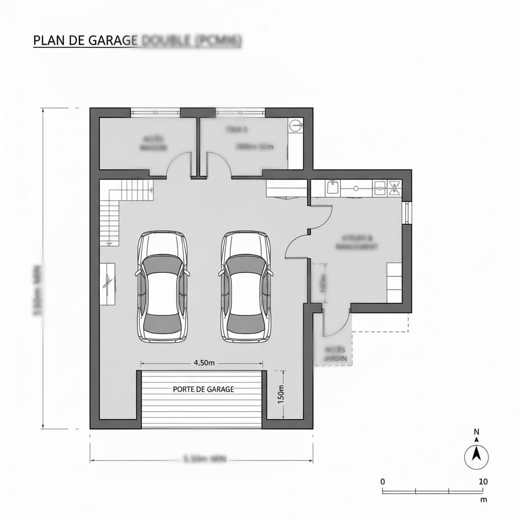 plan de garage 2D double accolé dimensions fonctionnelles et accès maison