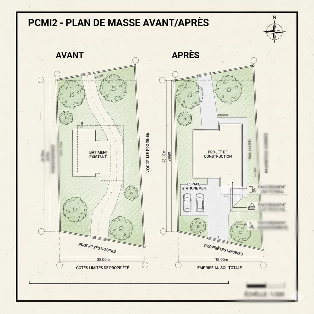 plan de masse 2D PCMI2 avec limites de propriété réseaux et implantation des constructions