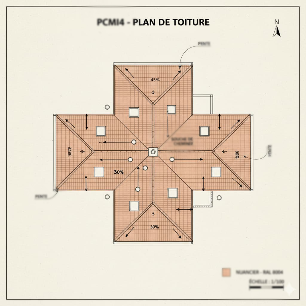 plan de toiture 2D avec pentes charpente fenêtres de toit et matériaux PCMI