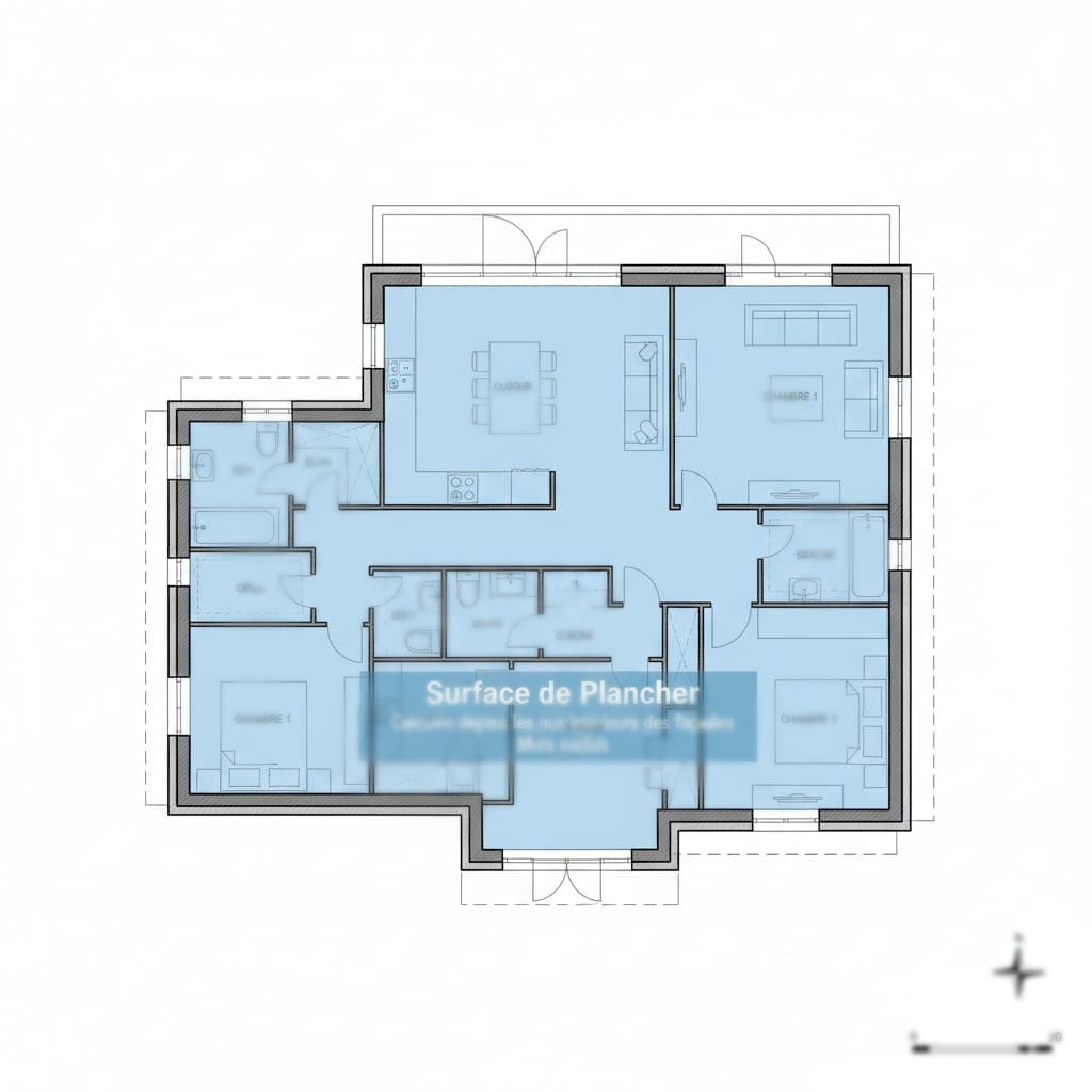 plan 2D calcul surface de plancher depuis les nus intérieurs des façades