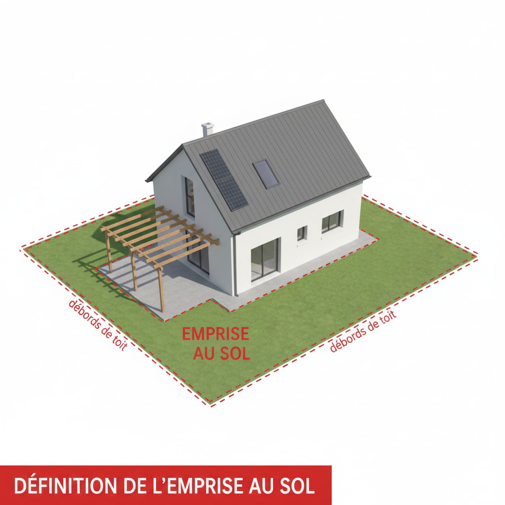 rendu 3D concept emprise au sol projection verticale bâtiment et débords de toit