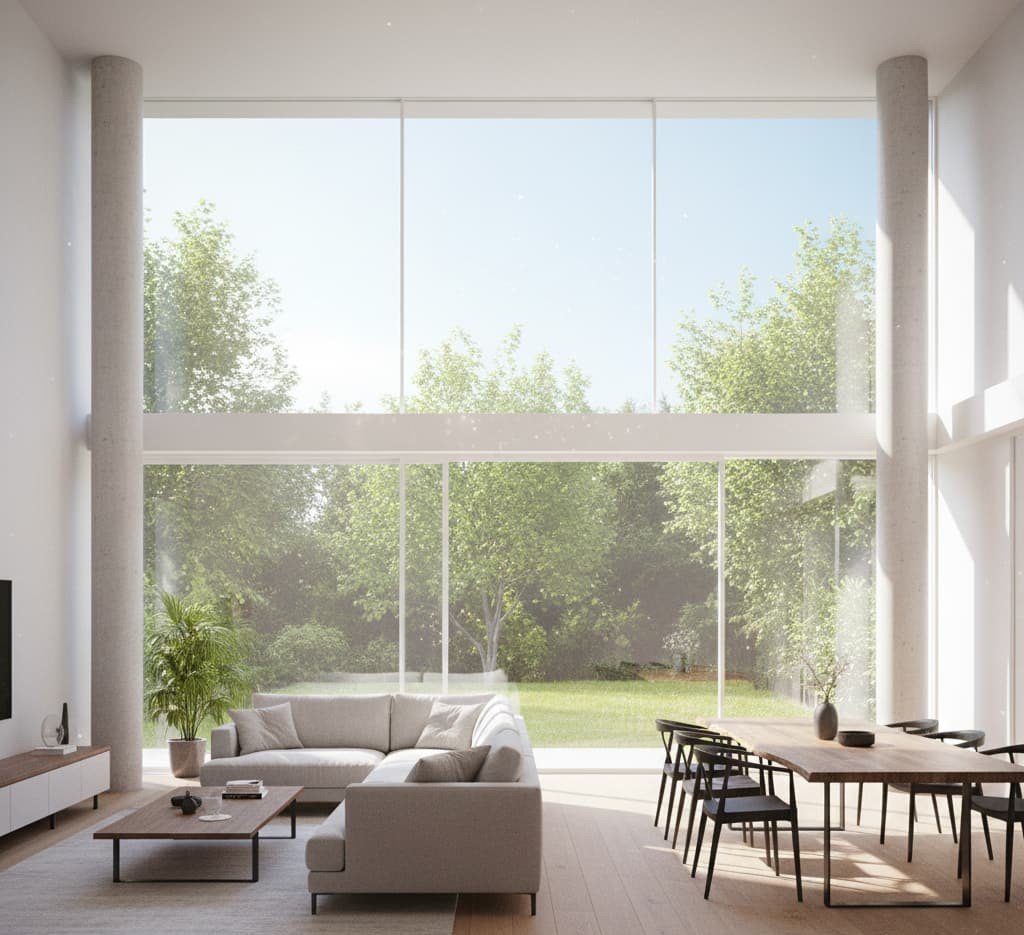 rendu 3D intérieur maison surface vitrée naturelle grande luminosité