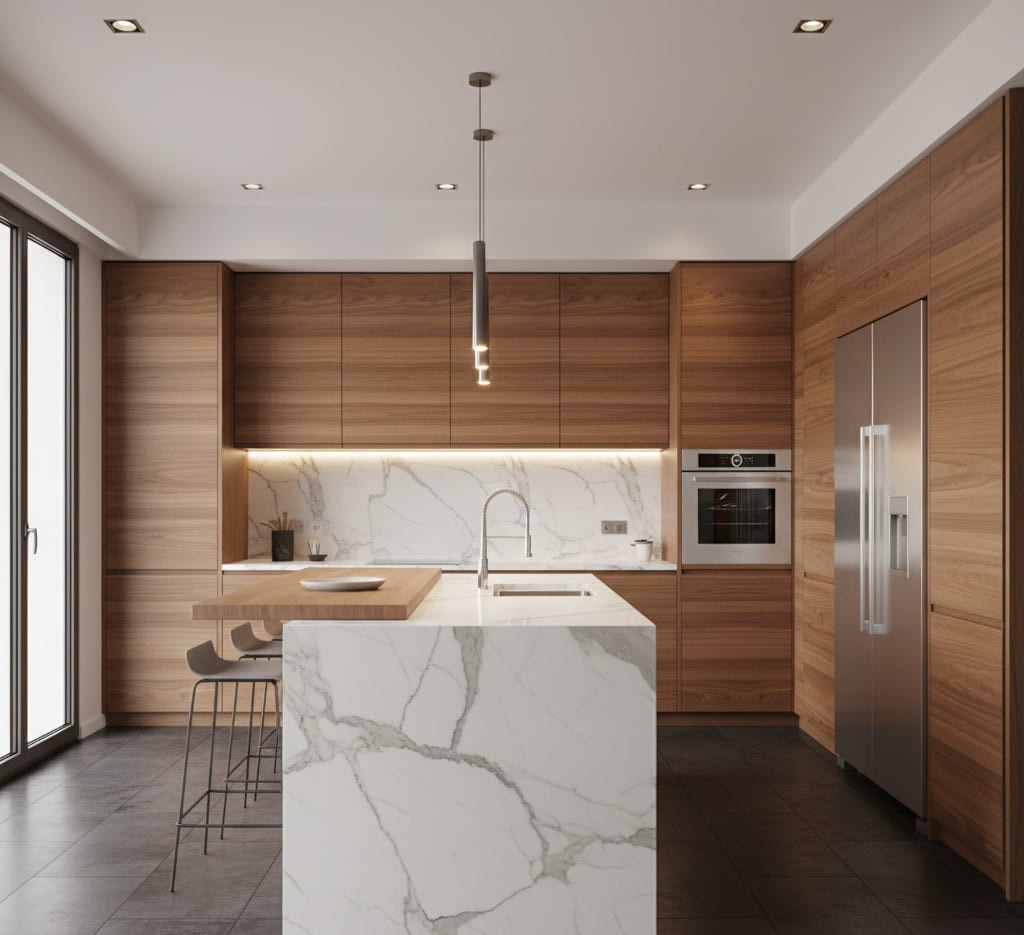 3D conception cuisine architecte d'intérieur matériaux haut de gamme et éclairage