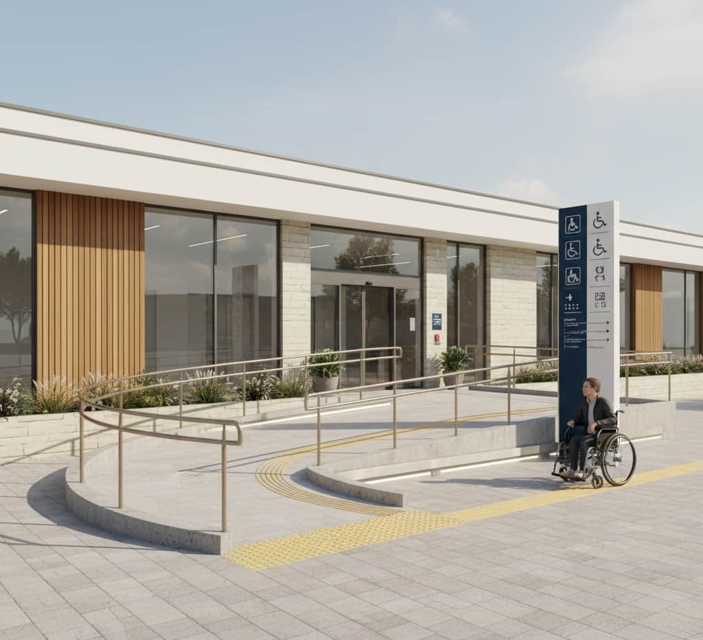 rendu 3D entrée ERP conforme aux normes d'accessibilité PMR