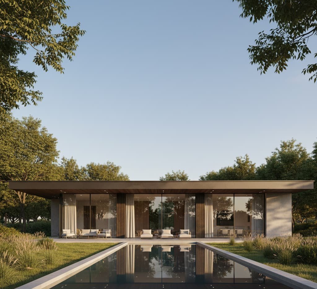 rendu 3D maison moderne plain-pied toit terrasse grandes ouvertures