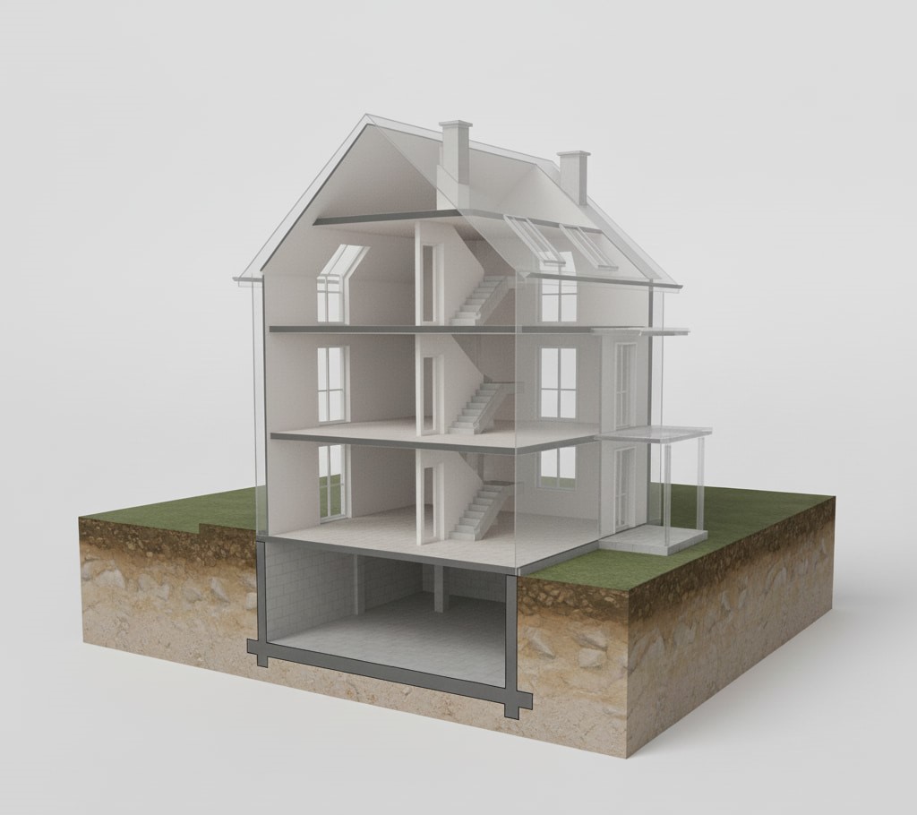 rendu 3D visualisation d'une coupe verticale à travers une maison et son terrain