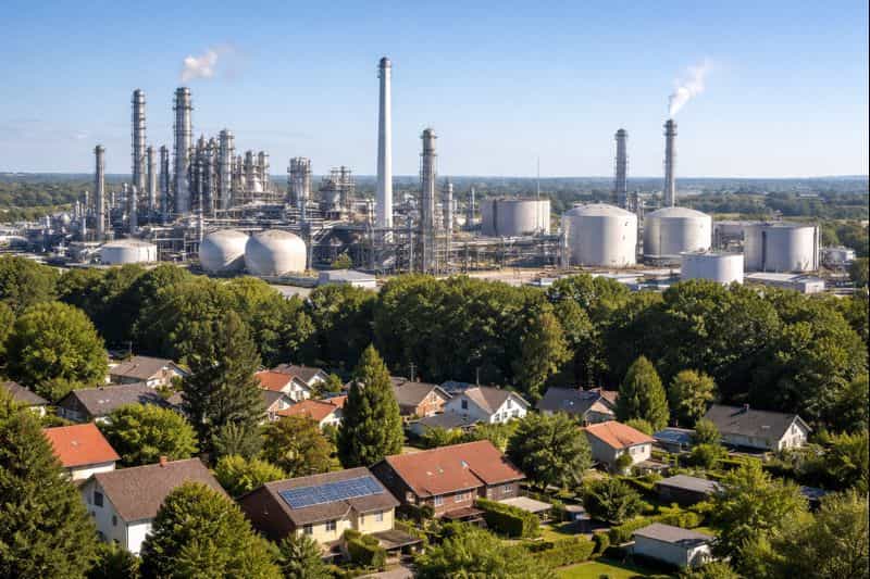 Vue d’un site industriel à hauts risques avec des installations lourdes et des zones habitées à proximité, illustrant la coexistence encadrée par un PPRT