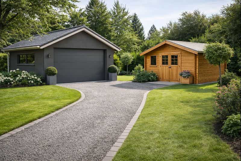 Garage résidentiel et abri de jardin dans un jardin montrant les constructions annexes soumises à déclaration préalable ou permis de construire selon la surface