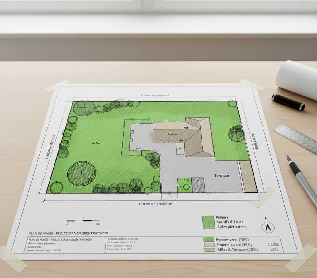 Plan de masse montrant la répartition des espaces verts sur un terrain et l’indication des surfaces végétalisées pour respecter les règles du PLU