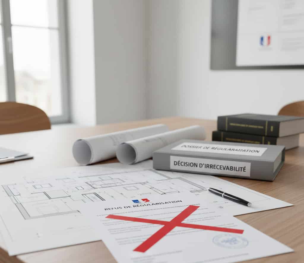 Décision officielle de refus de régularisation de construction avec plans barrés et documents administratifs