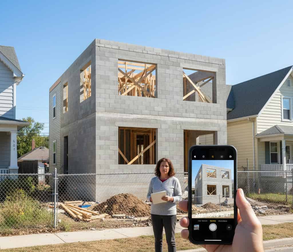 Chantier de construction sans permis avec voisin prenant des photos datées pour signalement