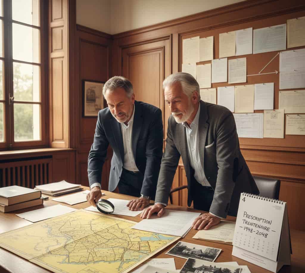 Notaire et propriétaire examinant archives et plans cadastraux pour prouver une prescription trentenaire