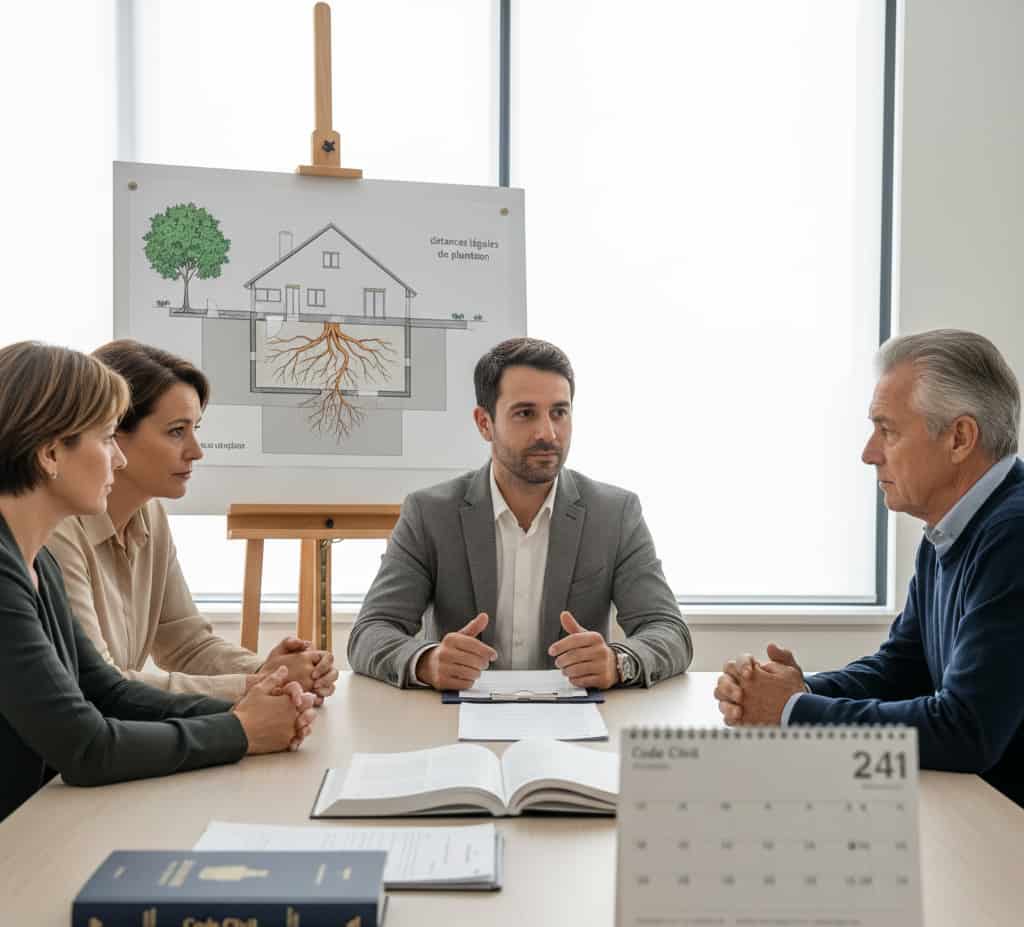 Médiation de voisinage avec conciliateur et plans de fondations montrant l’impact des racines et recours juridiques