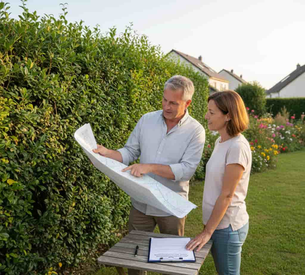 Voisins discutant de l’entretien et du partage des frais d’une haie mitoyenne