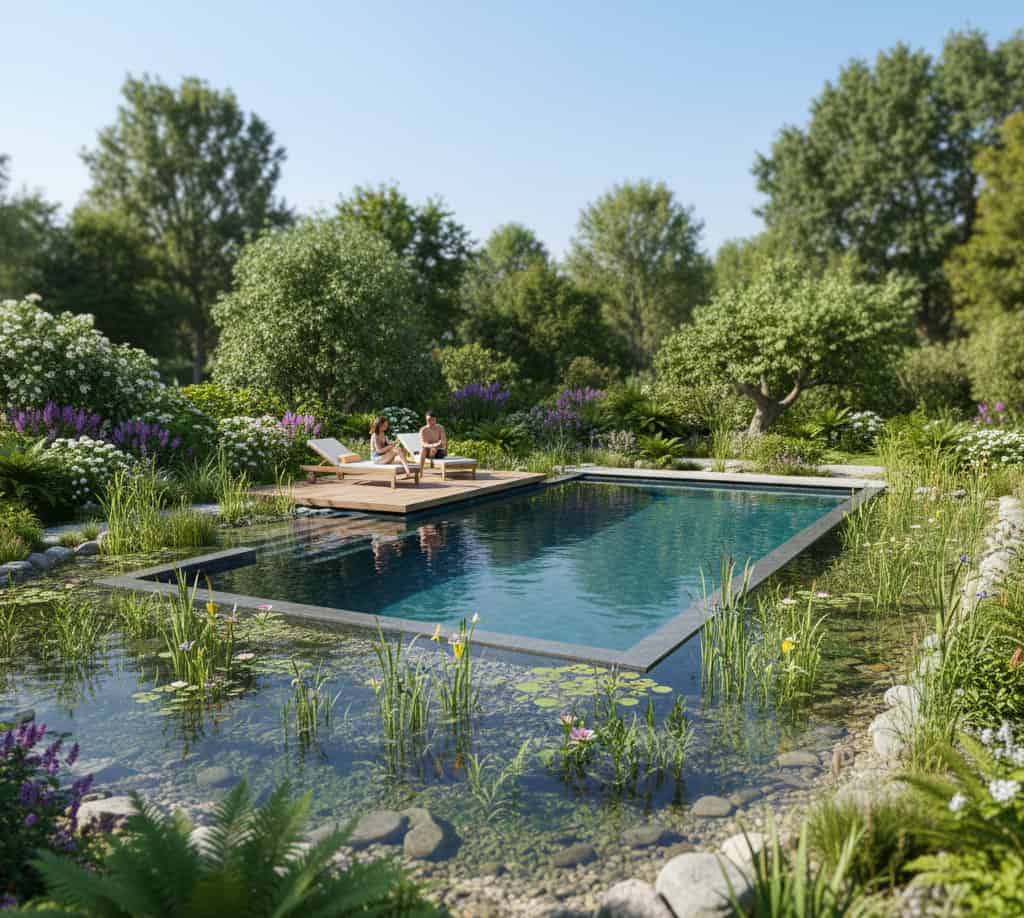 piscine naturelle biotope intégration paysagère avec personnes