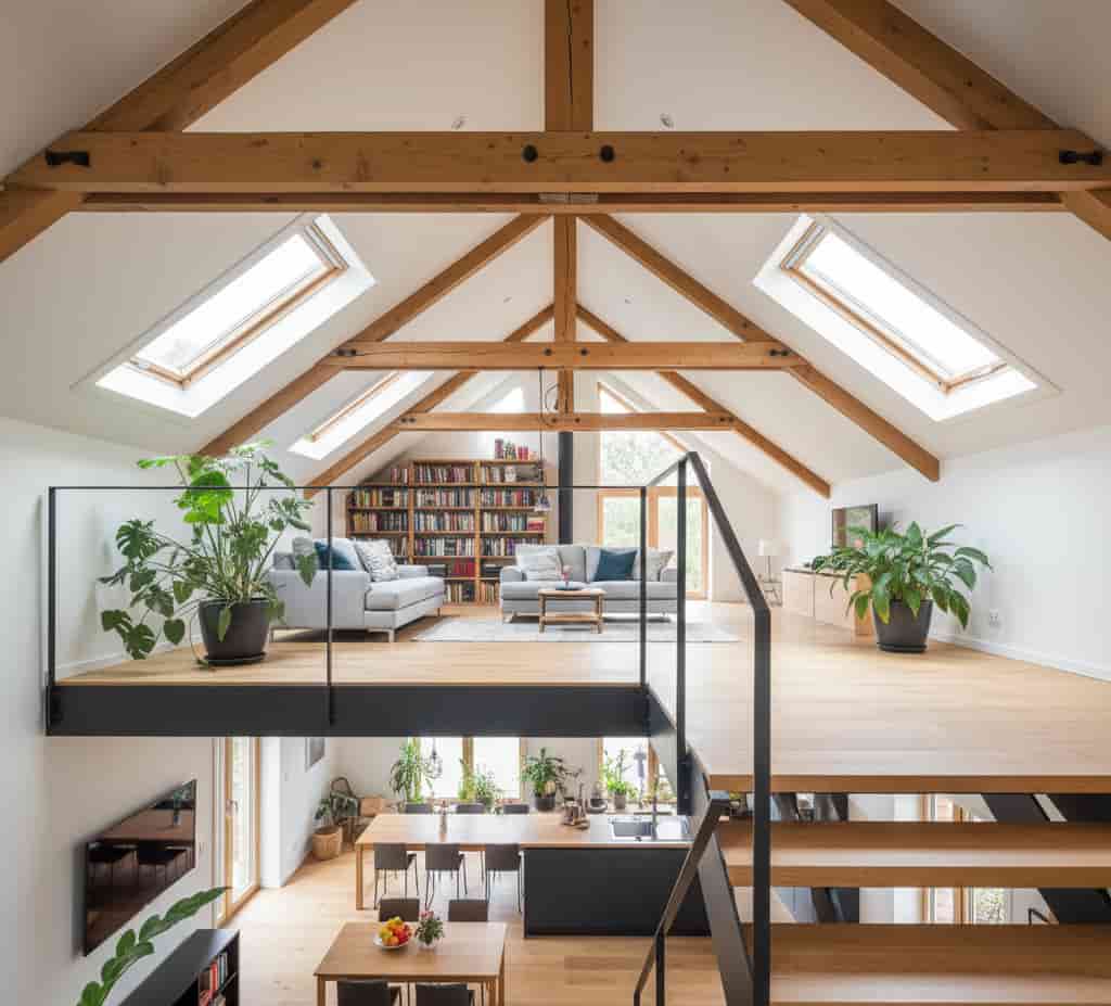 Intérieur de maison avec mezzanine aménagée et escalier illustrant un projet de création de mezzanine sans modification extérieure
