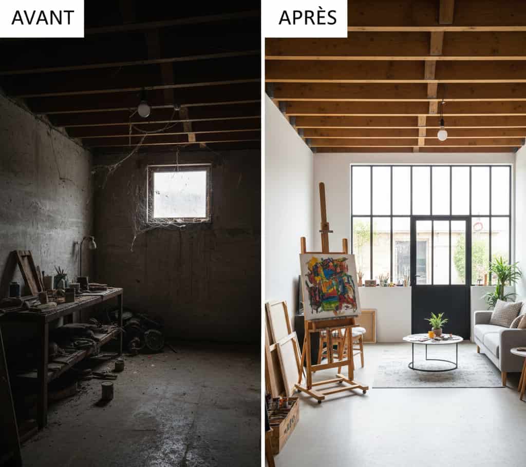Garage transformé en studio d’artiste moderne, comparaison avant et après rénovation