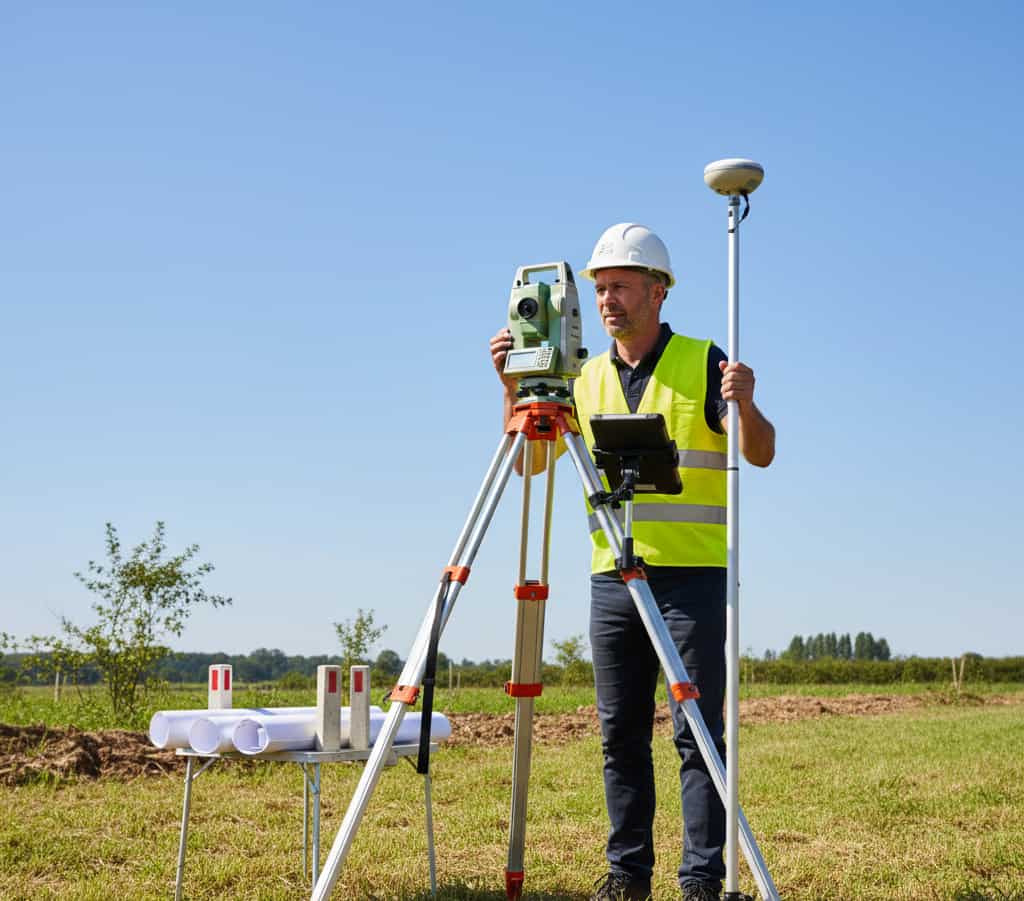 Géomètre-expert sur le terrain réalisant un relevé topographique et bornage de propriété foncière pour un projet immobilier