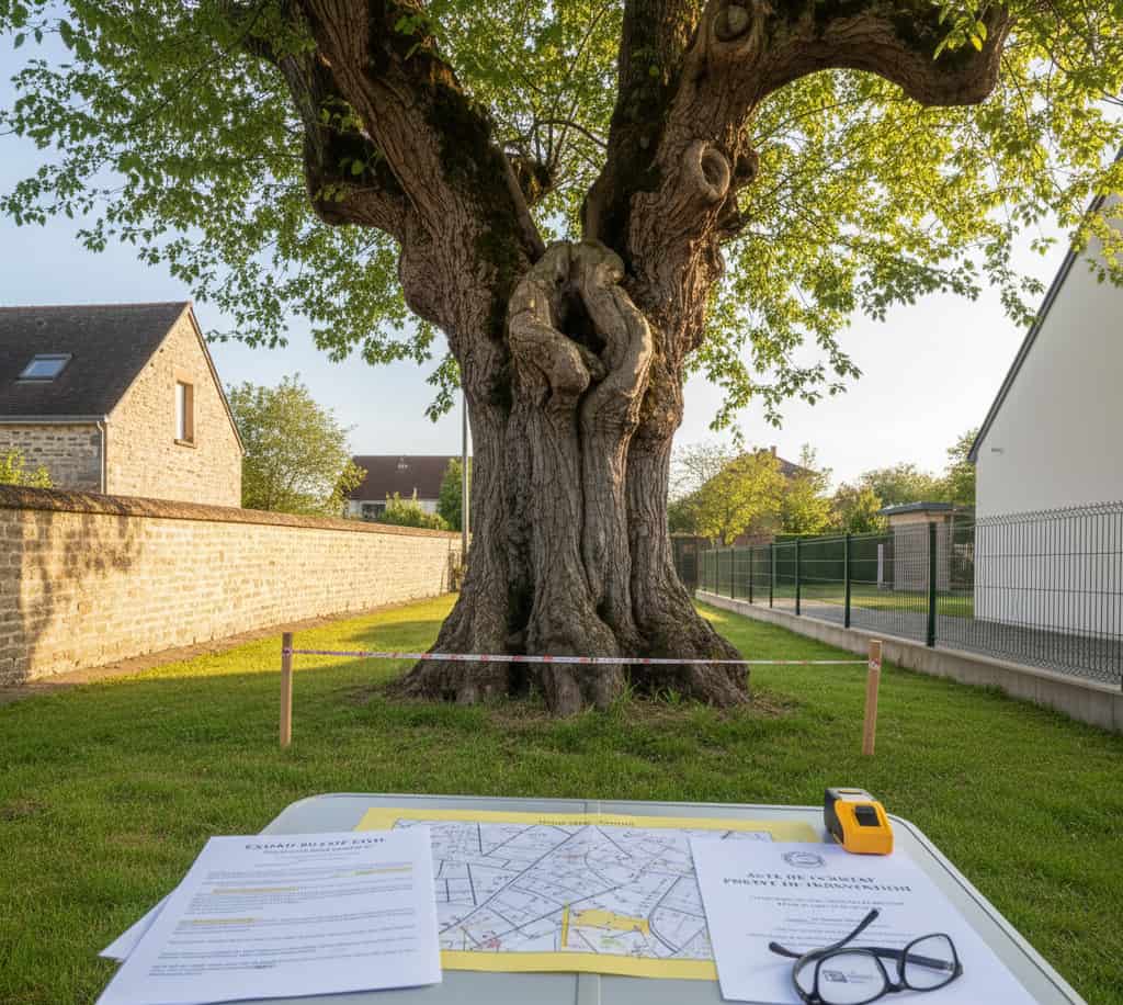Grand arbre ancien en limite de propriété avec documents montrant la prescription trentenaire applicable