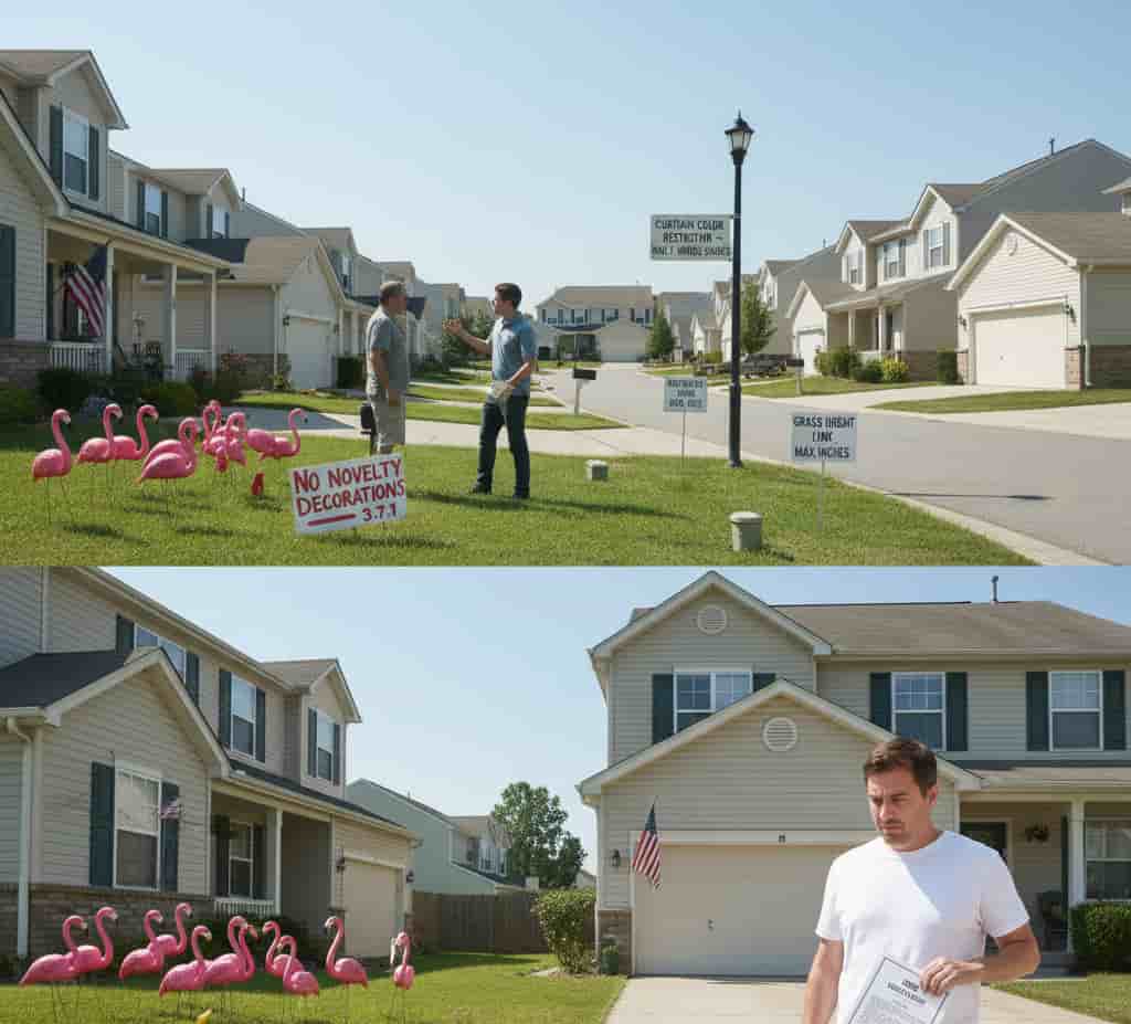 Communauté résidentielle aux USA avec exemples de règles HOA absurdes comme décorations interdites, avis de contravention et restrictions de pelouse