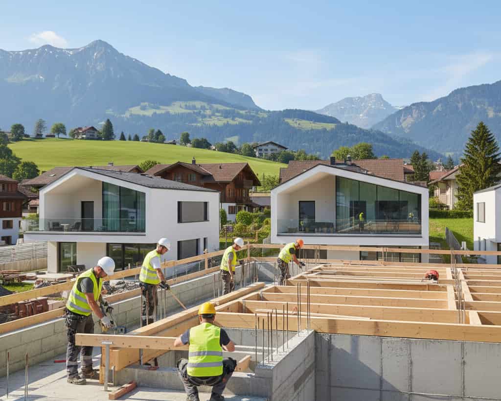 Chantier de construction en Suisse avec contrôles techniques, matériaux haut de gamme et bâtiments bien construits en arrière‑plan