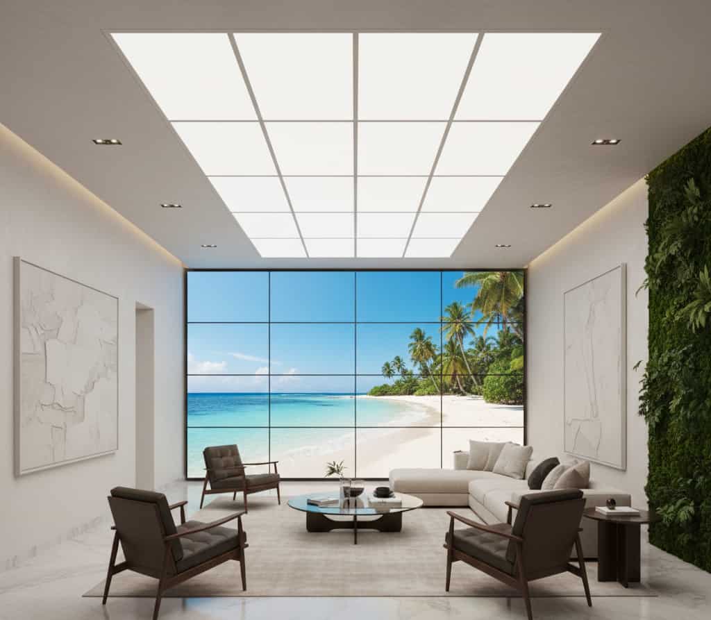 salon de luxe souterrain avec fenêtres virtuelles LED et lumière naturelle simulée