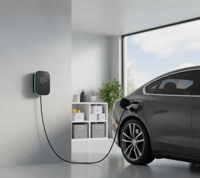 Borne de recharge pour véhicule électrique (wallbox) installée à domicile conforme aux normes IRVE.