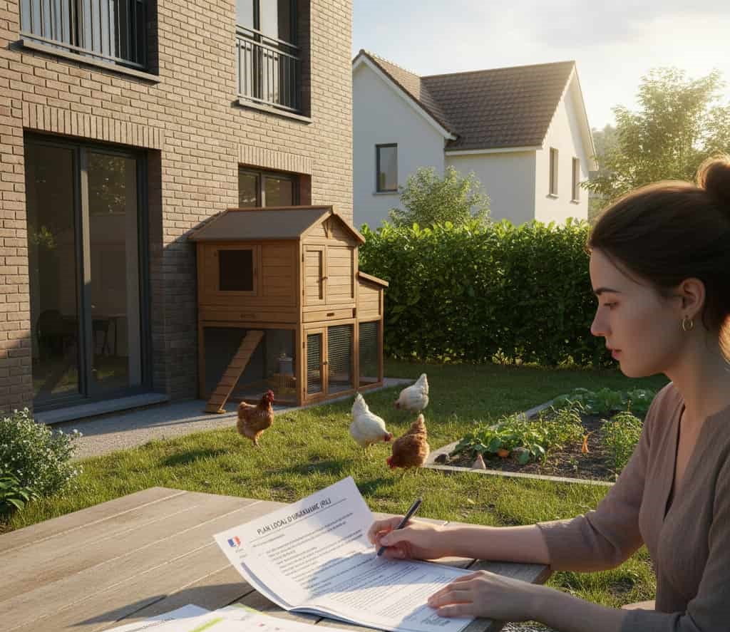 Petit poulailler familial en zone urbaine avec poules et propriétaire consultant la règlementation locale