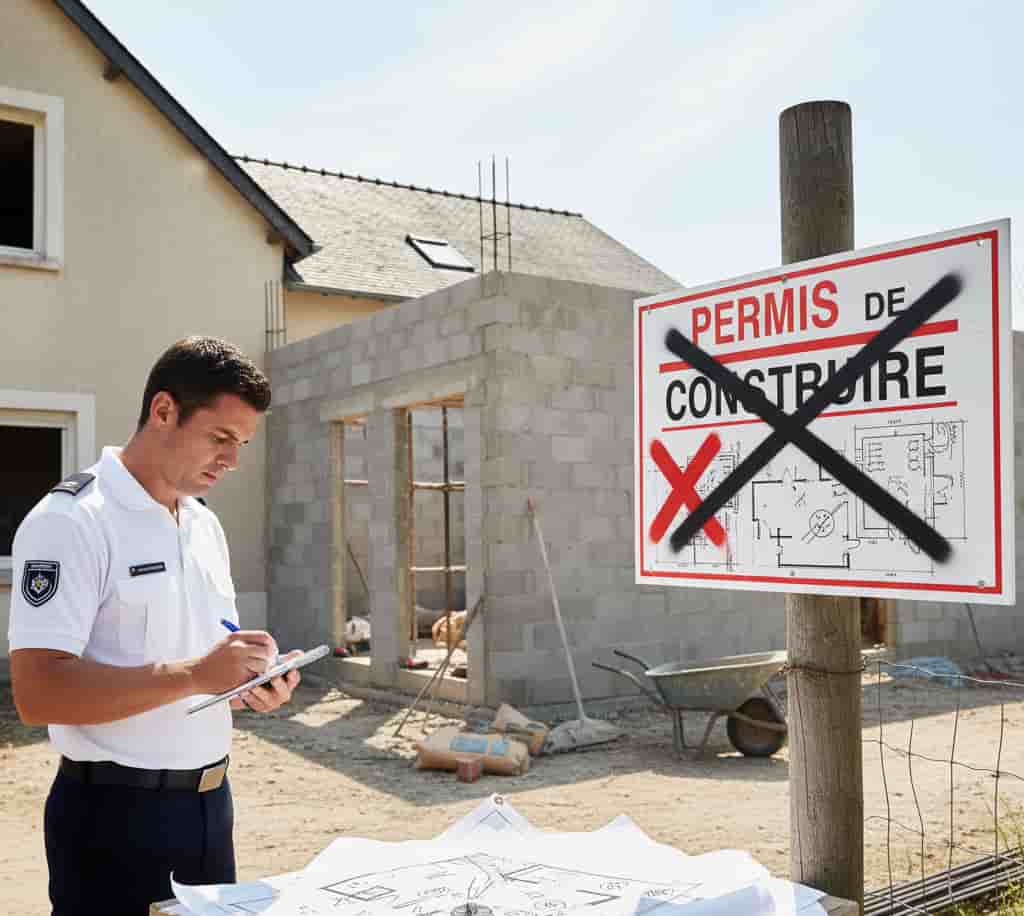 Maison avec extension illégale en chantier et un agent urbanisme constatant l’infraction