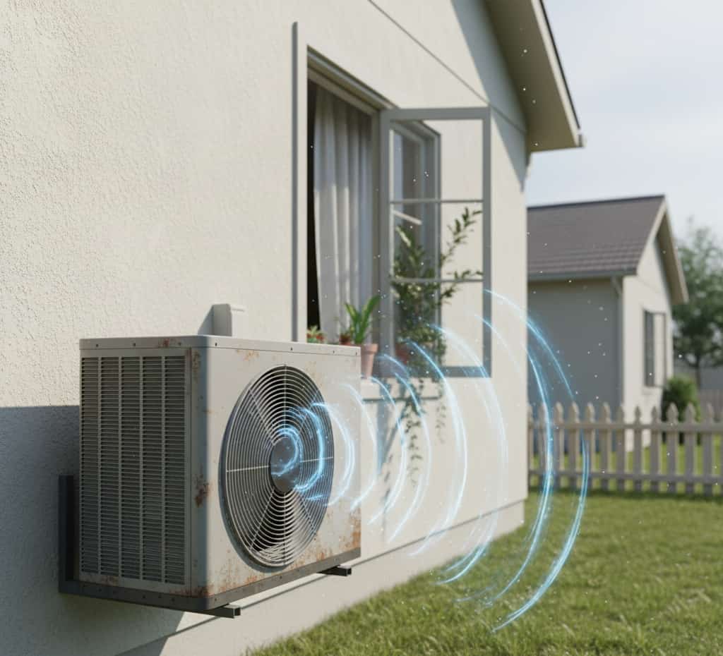 Unité extérieure de climatisation bruyante chez un voisin près d’une maison résidentielle illustrant les nuisances sonores