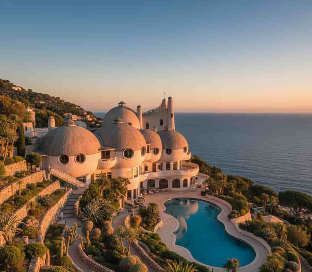 Palais Bulles à Théoule‑sur‑Mer, maison aux formes organiques et arrondies surplombant la mer