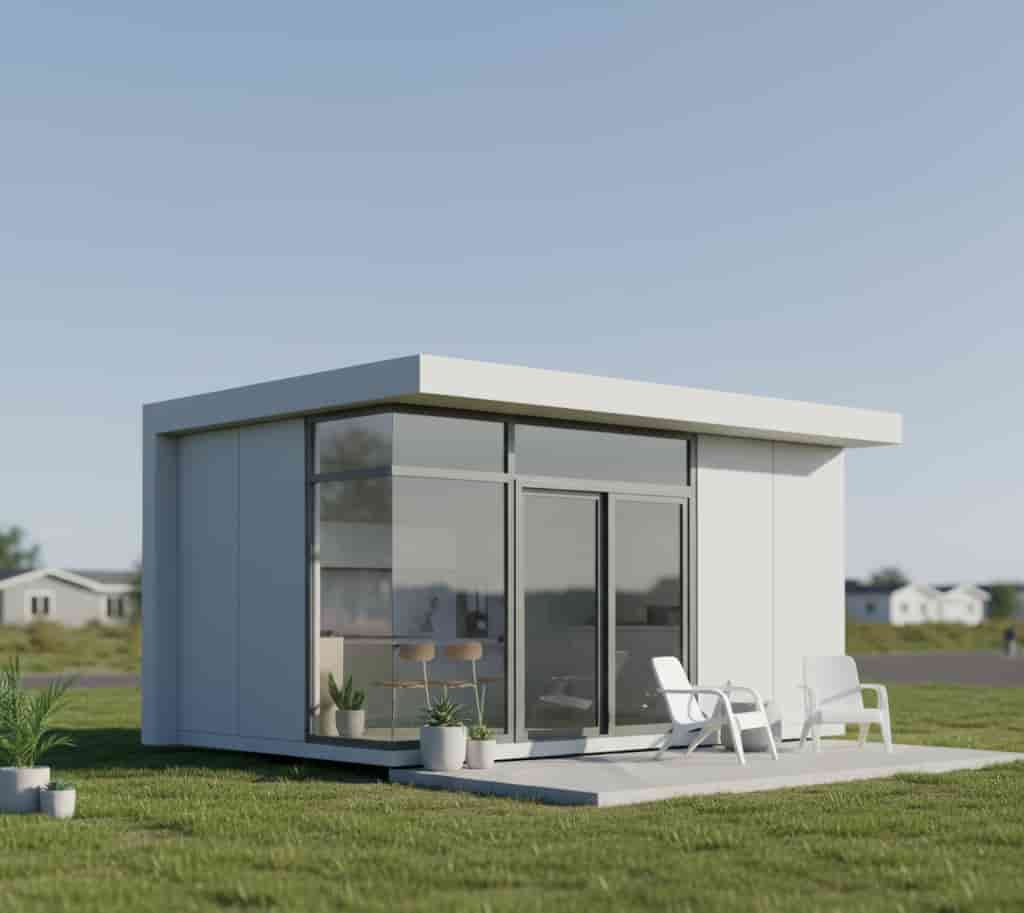 Tiny house préfabriquée Boxabl Casita moderne sur terrain, illustration style reportage