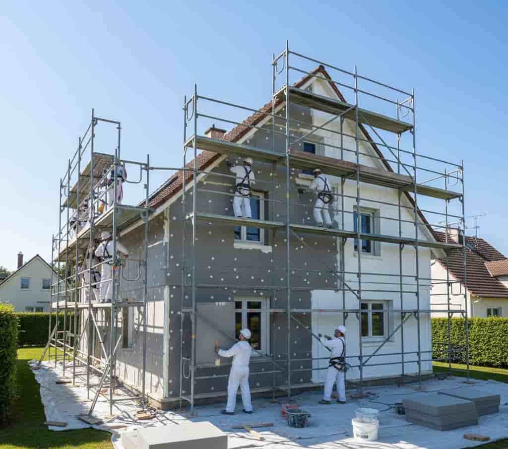Isolation thermique par l’extérieur d’une maison avec échafaudage et panneaux isolants illustrant un projet nécessitant une déclaration préalable de travaux