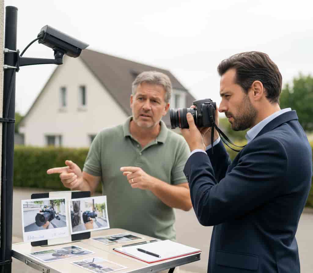 Huissier de justice effectuant un constat photographique d’un dispositif de surveillance installé par un voisin