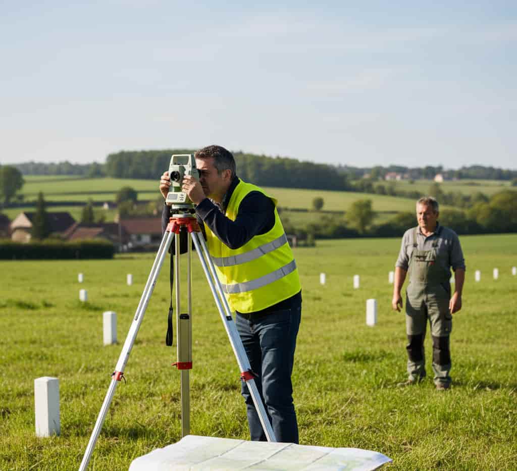 Géomètre-expert procédant au bornage de terrain avec bornes pour définir les limites de propriété.