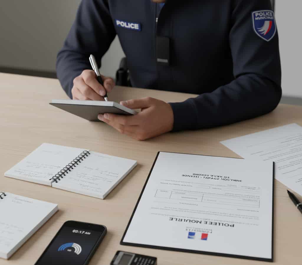 Dossier de plainte contre tapage nocturne avec preuves audio et notes, agent de police municipale examinant le dossier