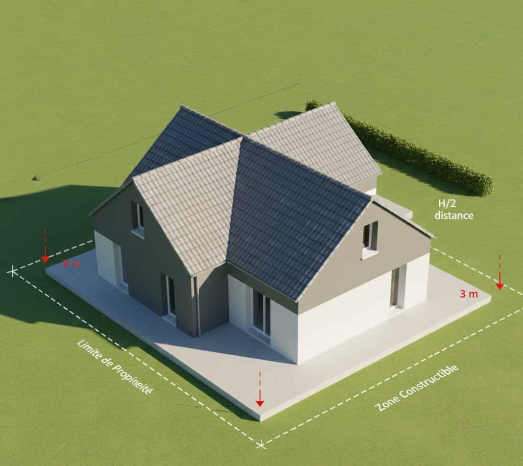Plan 3D d’une maison avec mesures des distances entre la construction et la limite séparative du terrain