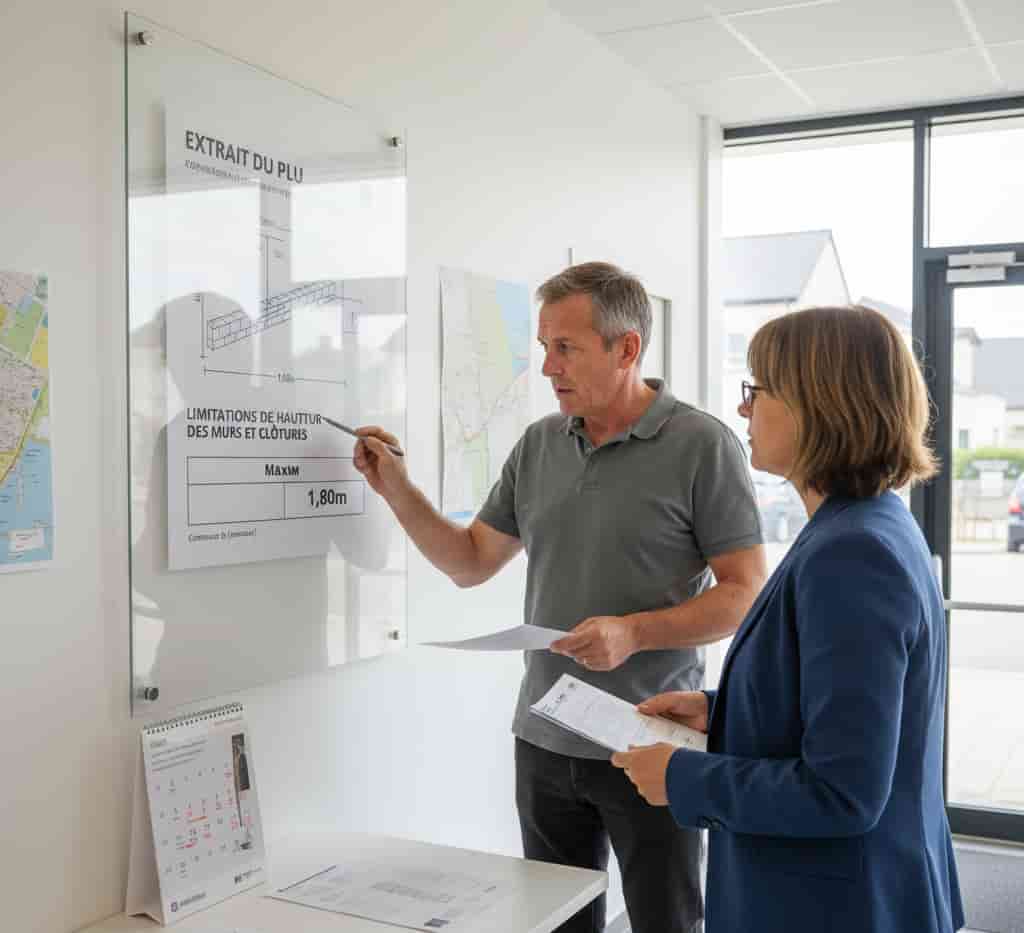 Propriétaire consultant au service urbanisme les règles locales de hauteur de mur et clôture avec un agent municipal